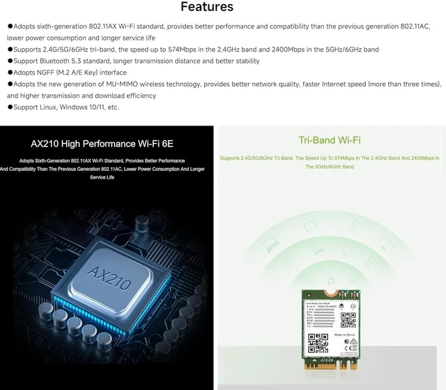 Alt view image 3 of 7 - Wi-Fi 6E Wireless AX210 NIC, Gigabit Tri-Band 2.4G/5G/6GHz Wi-Fi 6E, 802.11AX St