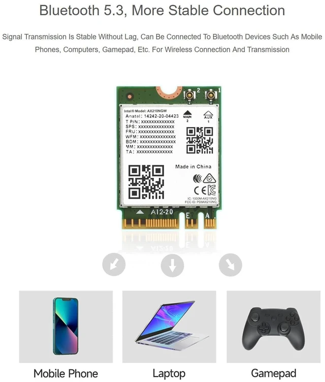Alt view image 5 of 7 - Wi-Fi 6E Wireless AX210 NIC, Gigabit Tri-Band 2.4G/5G/6GHz Wi-Fi 6E, 802.11AX St