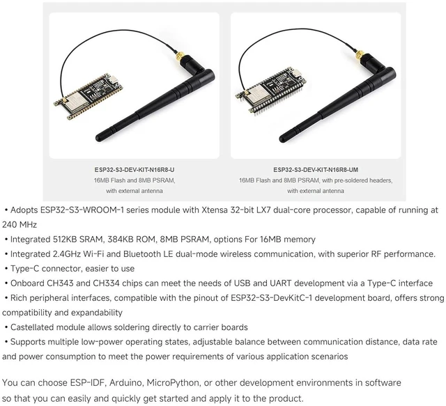 Alt view image 3 of 7 - ESP32-S3 Development Board N16R8, ESP32-S3-WROOM-1 Module