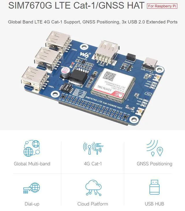 Alt view image 2 of 7 - SIM7670G LTE Cat-1/GNSS HAT Board for Raspberry Pi 5/ 4B/ 3B+/3B/ Zero W/Zero 2W