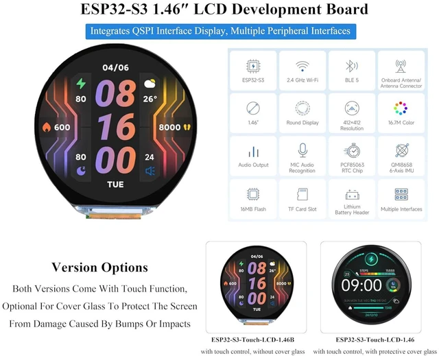 Alt view image 2 of 7 - ESP32-S3 1.46inch Round Touch Display Development Board, 412x412 IPS LCD, Onboar