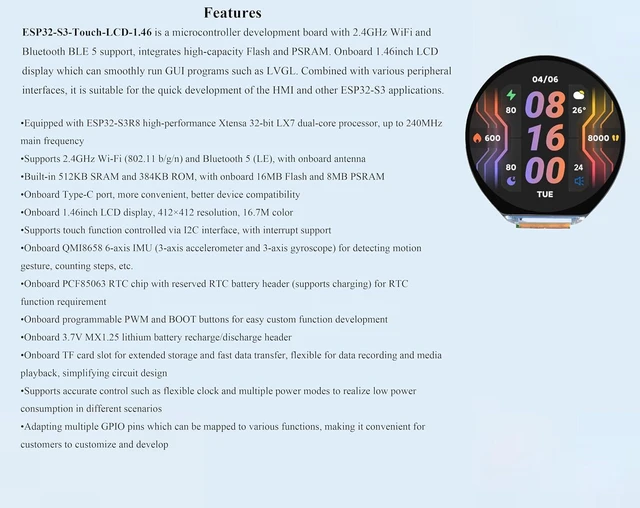 Alt view image 4 of 7 - ESP32-S3 1.46inch Round Touch Display Development Board, 412x412 IPS LCD, Onboar