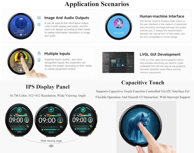 Alt view image 5 of 7 - ESP32-S3 1.46inch Round Touch Display Development Board, 412x412 IPS LCD, Onboar