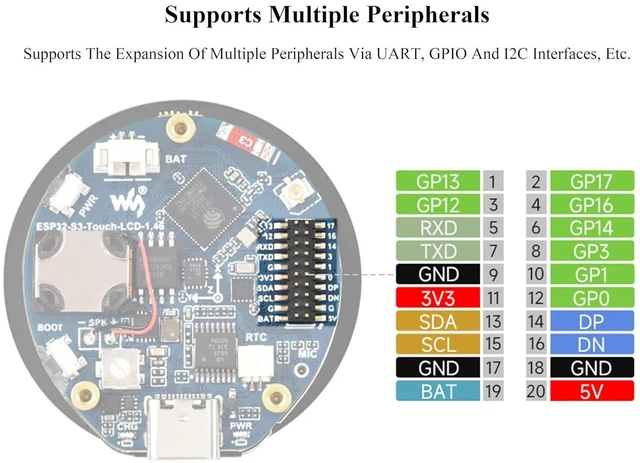 Alt view image 6 of 7 - ESP32-S3 1.46inch Round Touch Display Development Board, 412x412 IPS LCD, Onboar