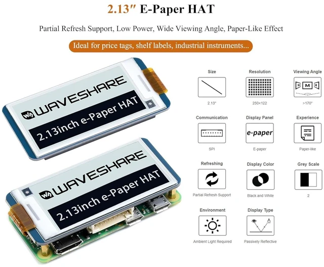 Alt view image 2 of 7 - 2.13inch E-Ink Display HAT V4 Version Compatible with Raspberry Pi 5/ 4B/3B+/3B/