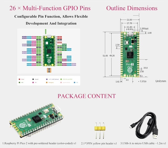 Alt view image 5 of 6 - Pico 2 Kit with Color Pre-Soldered Header Compatible with Raspberry Pi Pico 2 Mi