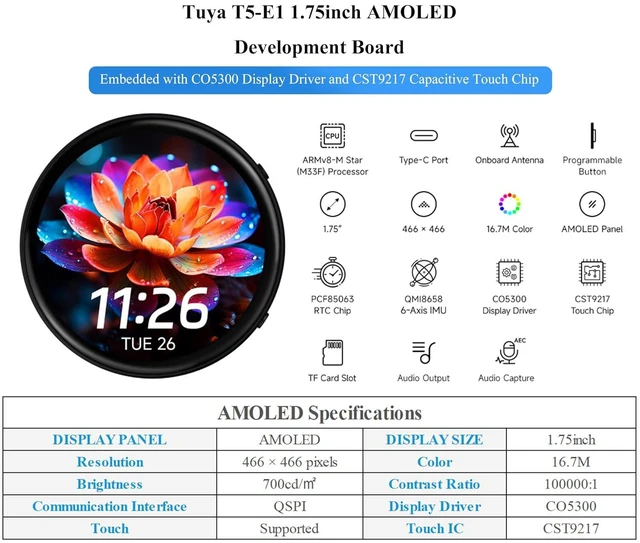 Alt view image 2 of 7 - Tuya T5-E1 1.75inch AMOLED Round Development Board, 466 × 466 Pixels, QSPI Inter