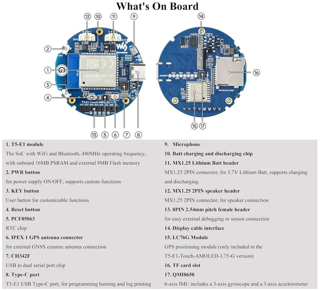 Alt view image 6 of 7 - Tuya T5-E1 1.75inch AMOLED Round Development Board, 466 × 466 Pixels, QSPI Inter