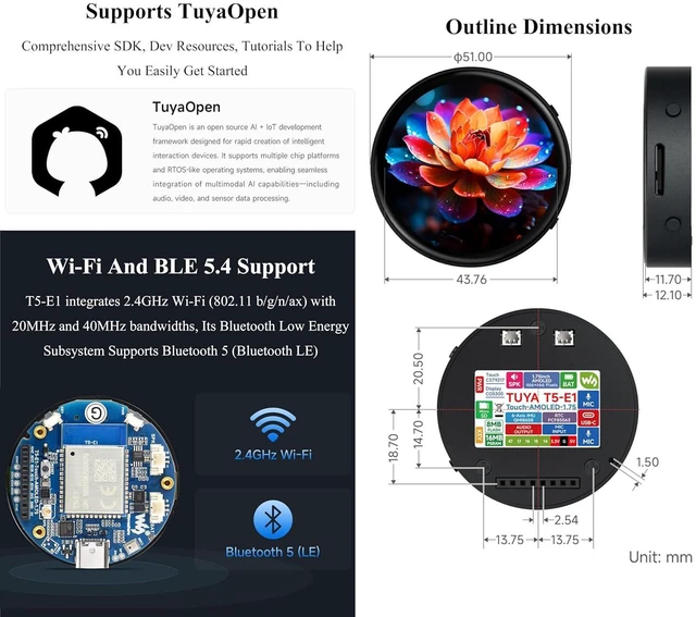 Alt view image 7 of 7 - Tuya T5-E1 1.75inch AMOLED Round Development Board, 466 × 466 Pixels, QSPI Inter