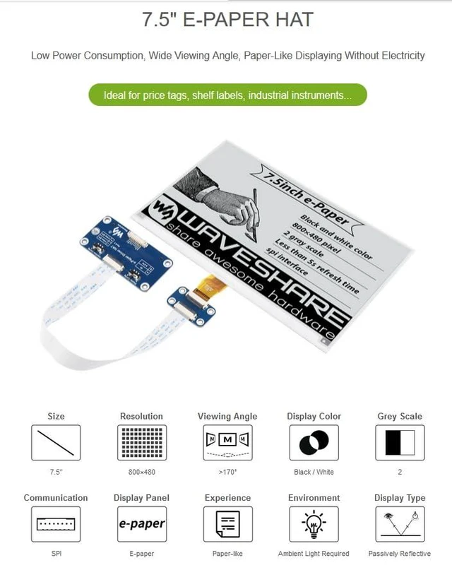 Alt view image 3 of 7 - Waveshare 7.5inch e-Paper HAT for Raspberry Pi 5 4B Pi 3B+ Pi3B Pi Zero W Zero 2