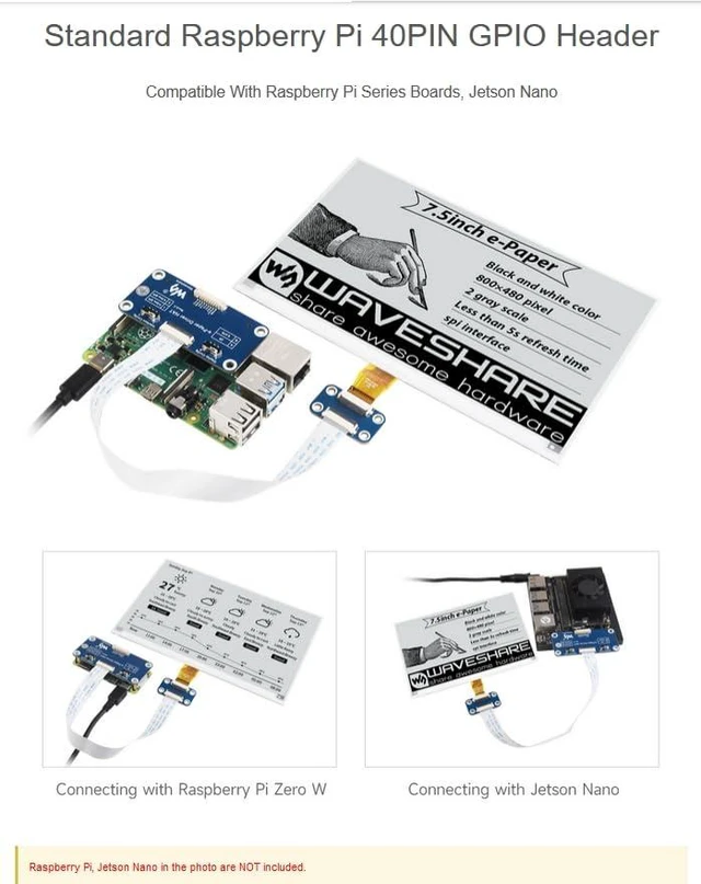 Alt view image 4 of 7 - Waveshare 7.5inch e-Paper HAT for Raspberry Pi 5 4B Pi 3B+ Pi3B Pi Zero W Zero 2