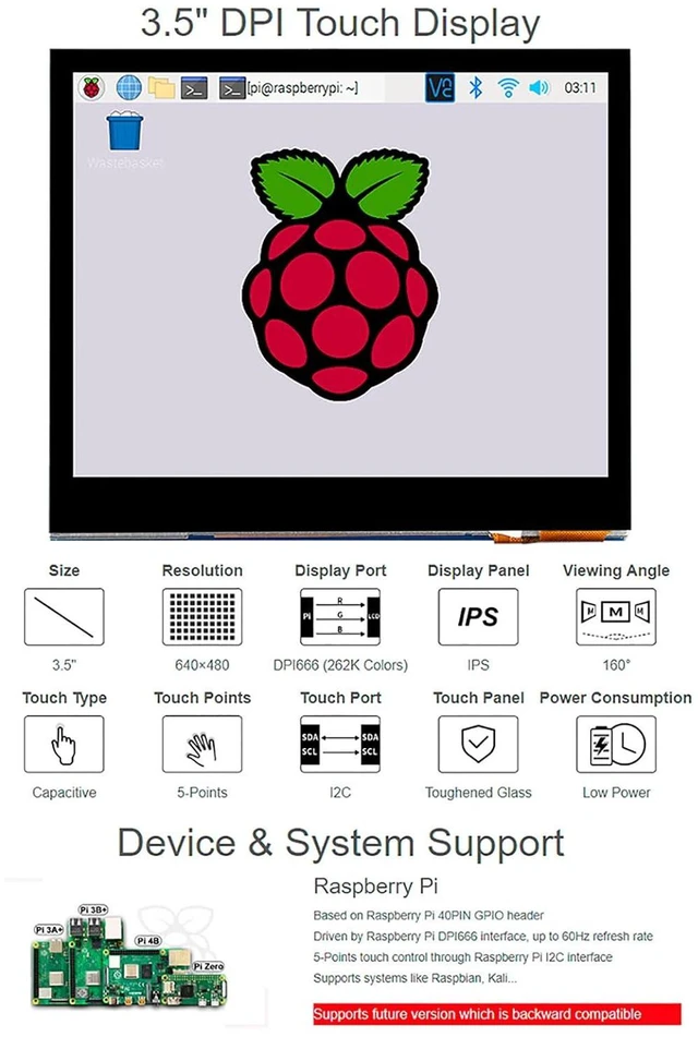 Alt view image 2 of 7 - for Raspberry Pi 4B/3B+/3B/3A+/Pi Zero W/Zero 2 W/WH, 3.5inch DPI LCD 640x480, I