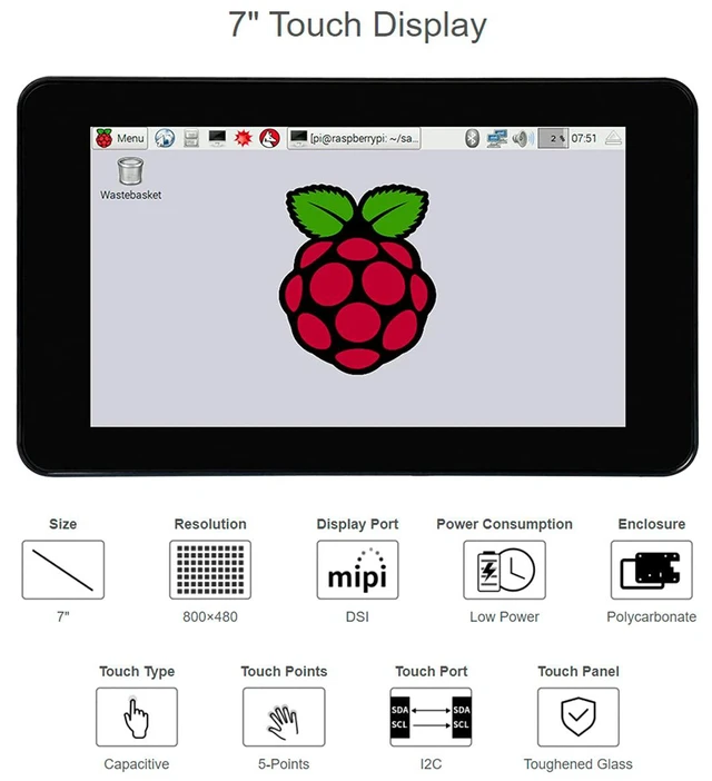 Alt view image 2 of 7 - 7inch DSI LCD with Case for Raspberry Pi 4 Model B, 800×480 TFT Capacitive Touch