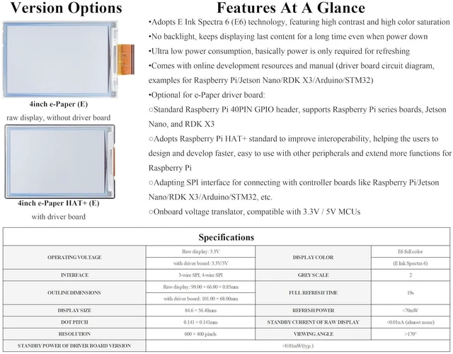 Alt view image 3 of 7 - 4inch E-Paper Display Spectra 6 (E6) Full Color E-Ink Display Compatible with Ra