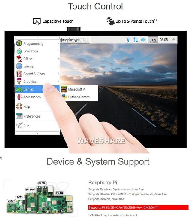 Alt view image 3 of 7 - 5inch DSI LCD Capacitive Touch Display for Raspberry Pi 4B/3B+/3A+/3B/2B/B+/A+/