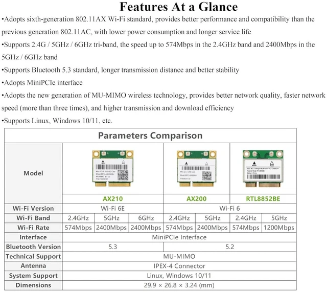 Alt view image 4 of 7 - Wi-Fi 6 Wireless MINIPCIE AX210 NIC, Supports 2.4G / 5GHz / 6GHz Gigabit Tri-Ban