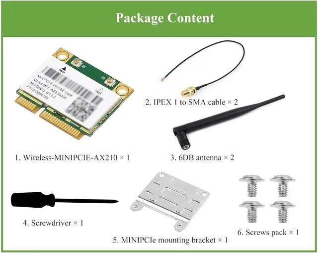 Alt view image 2 of 7 - Wi-Fi 6 Wireless MINIPCIE AX210 NIC, Supports 2.4G / 5GHz / 6GHz Gigabit Tri-Ban