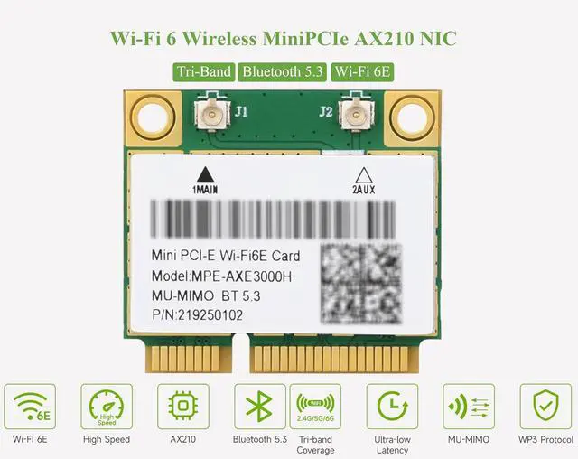 Alt view image 3 of 7 - Wi-Fi 6 Wireless MINIPCIE AX210 NIC, Supports 2.4G / 5GHz / 6GHz Gigabit Tri-Ban
