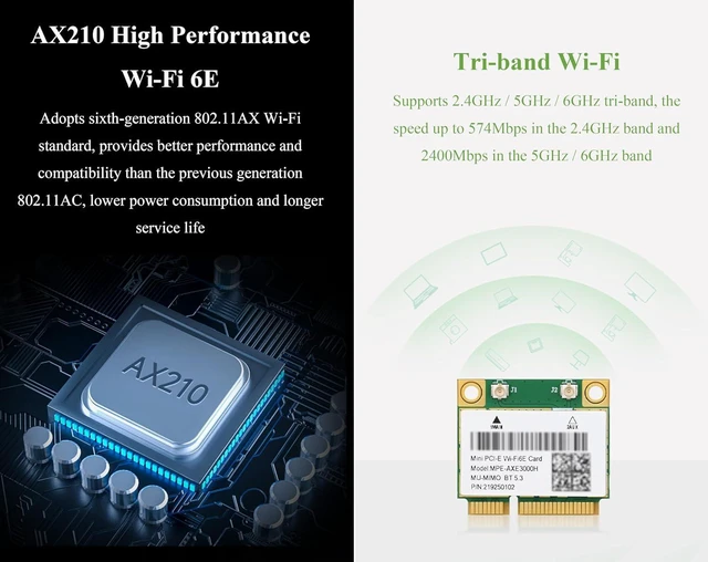 Alt view image 5 of 7 - Wi-Fi 6 Wireless MINIPCIE AX210 NIC, Supports 2.4G / 5GHz / 6GHz Gigabit Tri-Ban