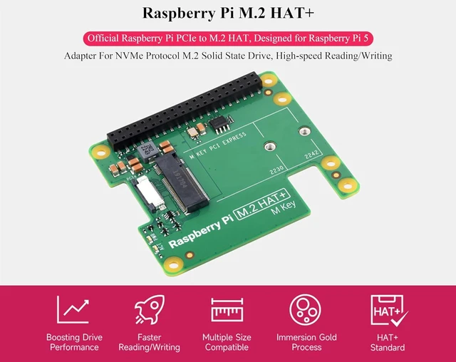 Alt view image 2 of 7 - Official Pi PCIe to M.2 HAT for RPi 5, HAT + Standard, Support NVMe Protocol M.2