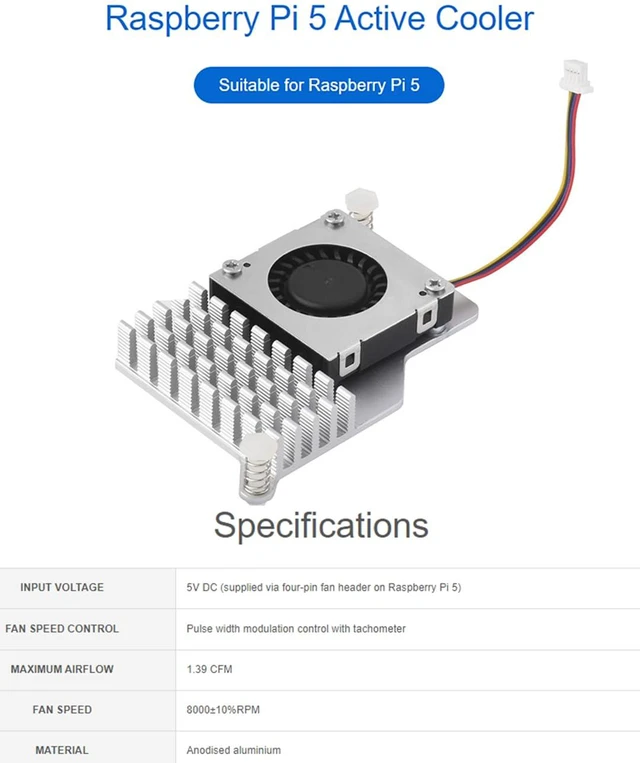 Alt view image 2 of 7 - Active Cooler for Raspberry Pi 5, Active Cooling Fan Aluminium Heatsink with The