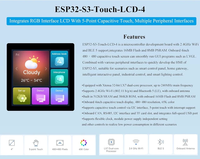 Alt view image 2 of 7 - ESP32-S3 4inch Capacitive Touch Screen 480×480 Based on ESP32-S3 Microcontroller