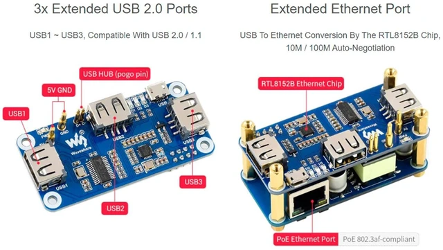 Alt view image 4 of 7 - Raspberry Pi USB/ETH HUB HAT for Zero 2W/Zero W - PoE Ethernet/USB HAT Board