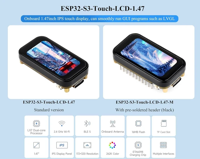 Alt view image 2 of 7 - ESP32-S3 1.47inch IPS Touch Display Development Board, 172x320 Resolution, 262K