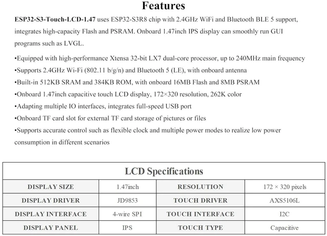 Alt view image 3 of 7 - ESP32-S3 1.47inch IPS Touch Display Development Board, 172x320 Resolution, 262K