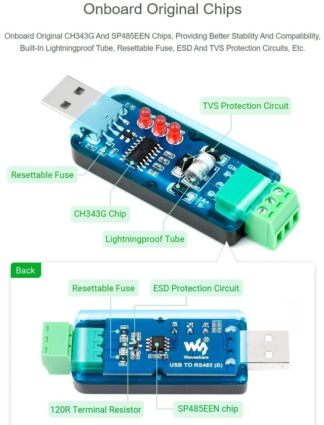 Alt view image 3 of 7 - Industrial USB to RS485 Bidirectional Converter Onboard CH343G Chip, Multi-Prote