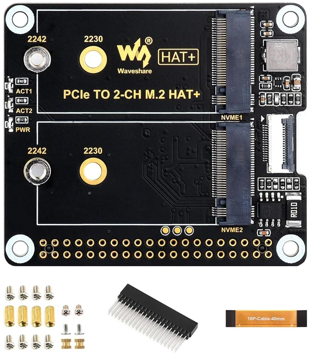 Main image of PCIe to 2-CH M.2 Adapter for Raspberry Pi 5 HAT+ Standard, Compatible with M.2 N