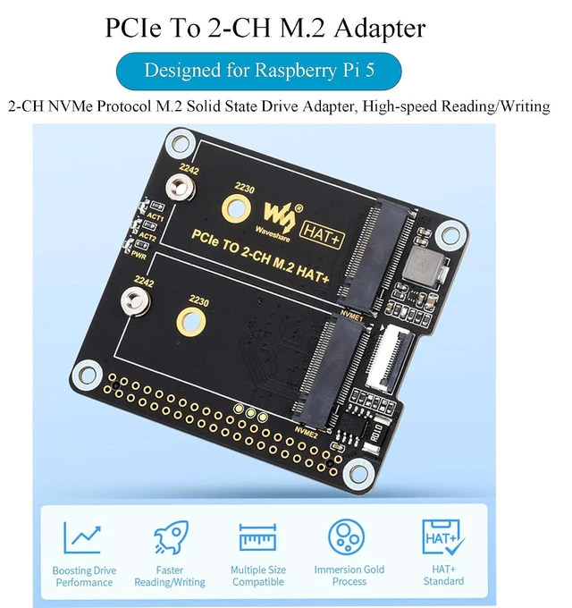 Alt view image 2 of 7 - PCIe to 2-CH M.2 Adapter for Raspberry Pi 5 HAT+ Standard, Compatible with M.2 N