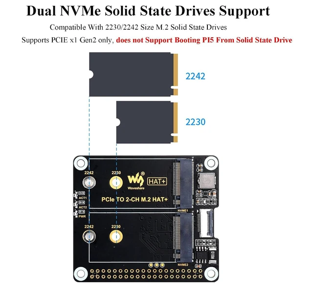Alt view image 3 of 7 - PCIe to 2-CH M.2 Adapter for Raspberry Pi 5 HAT+ Standard, Compatible with M.2 N