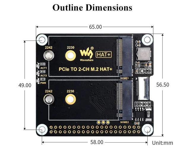 Alt view image 7 of 7 - PCIe to 2-CH M.2 Adapter for Raspberry Pi 5 HAT+ Standard, Compatible with M.2 N