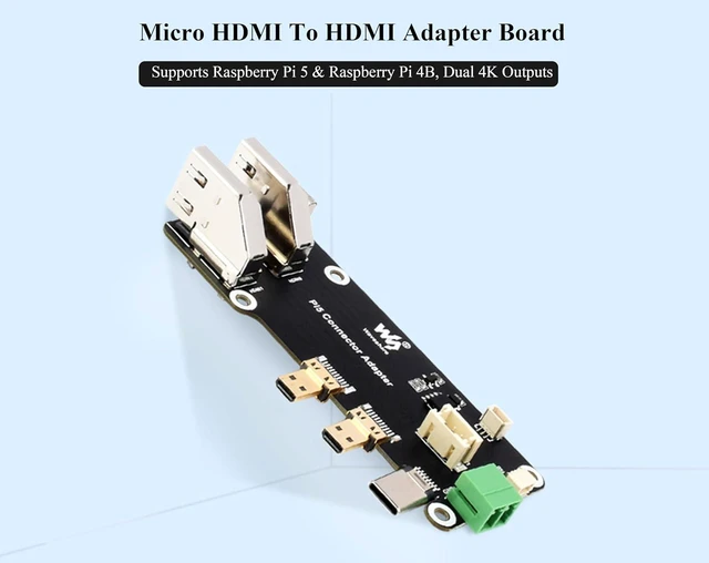 Alt view image 2 of 7 - Micro HDMI to HDMI Adapter Board for Raspberry Pi 5 / Raspberry Pi 4B, Dual 4K O