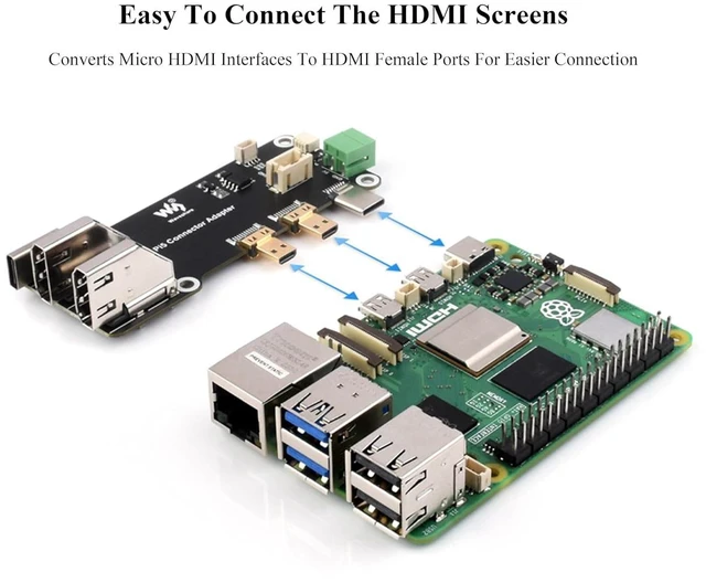 Alt view image 3 of 7 - Micro HDMI to HDMI Adapter Board for Raspberry Pi 5 / Raspberry Pi 4B, Dual 4K O