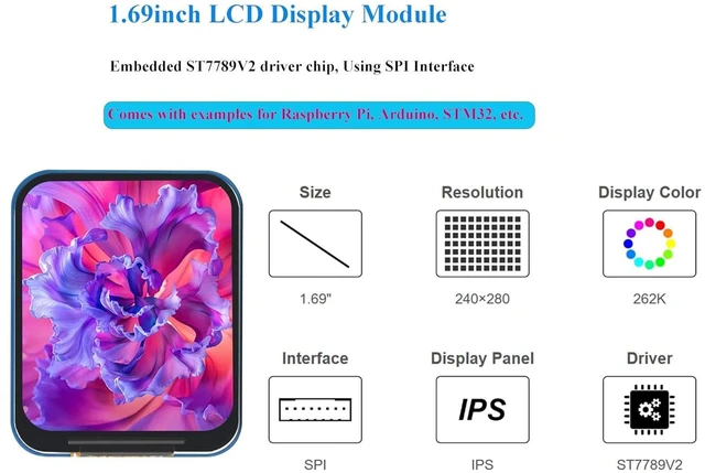 Alt view image 2 of 7 - 1.69inch LCD Display Module 240×280 Resolution, Rounded Corners IPS Screen, 262K