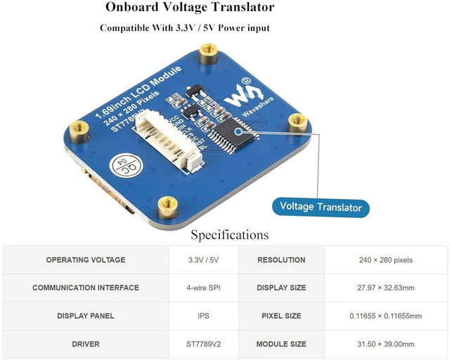 Alt view image 3 of 7 - 1.69inch LCD Display Module 240×280 Resolution, Rounded Corners IPS Screen, 262K