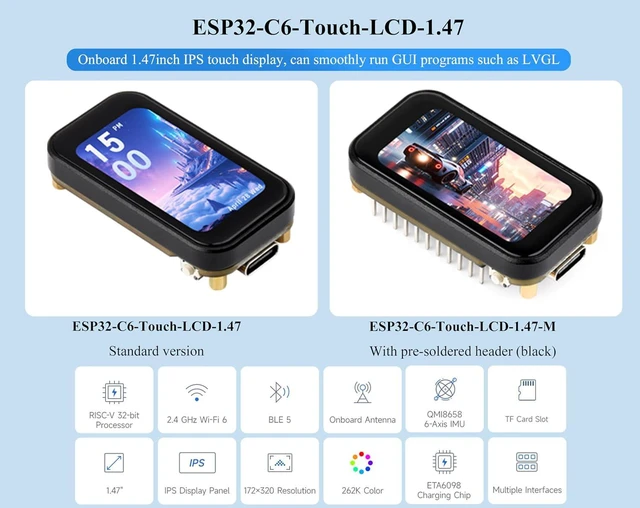 Alt view image 2 of 7 - ESP32-C6 1.47inch IPS Touch Display Development Board, 172x320 Resolution, 262K