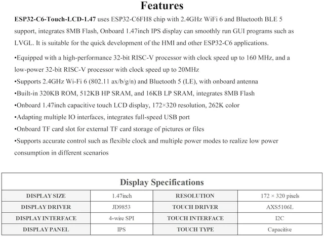 Alt view image 3 of 7 - ESP32-C6 1.47inch IPS Touch Display Development Board, 172x320 Resolution, 262K