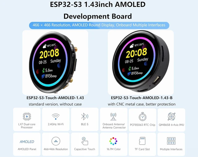 Alt view image 2 of 7 - ESP32-S3 1.43inch AMOLED Display Development Board, 466×466 Resolution 16.7M Col