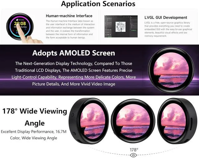 Alt view image 3 of 7 - ESP32-S3 1.43inch AMOLED Display Development Board, 466×466 Resolution 16.7M Col