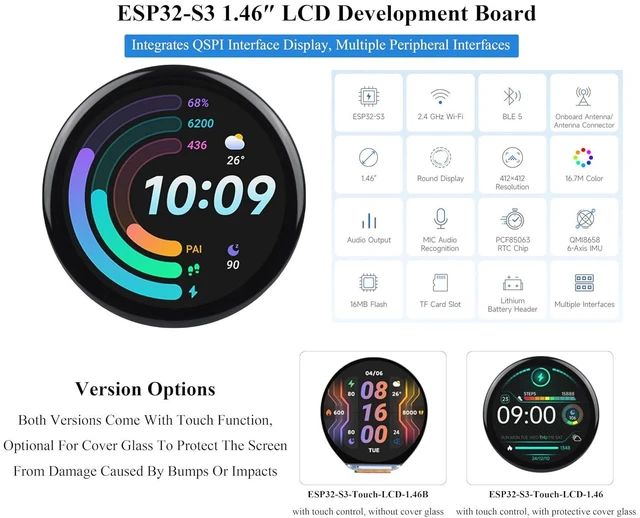 Alt view image 2 of 7 - ESP32-S3 1.46inch Round Touch Display Development Board, 412x412 Pixel IPS Displ