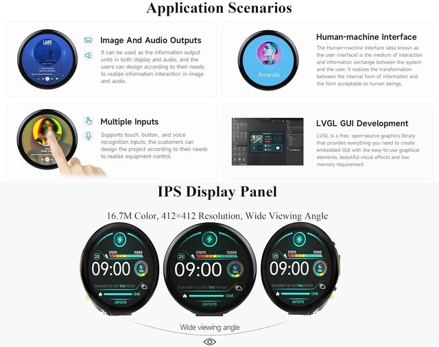 Alt view image 5 of 7 - ESP32-S3 1.46inch Round Touch Display Development Board, 412x412 Pixel IPS Displ