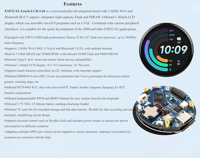Alt view image 3 of 7 - ESP32-S3 1.46inch Round Touch Display Development Board, 412x412 Pixel IPS Displ