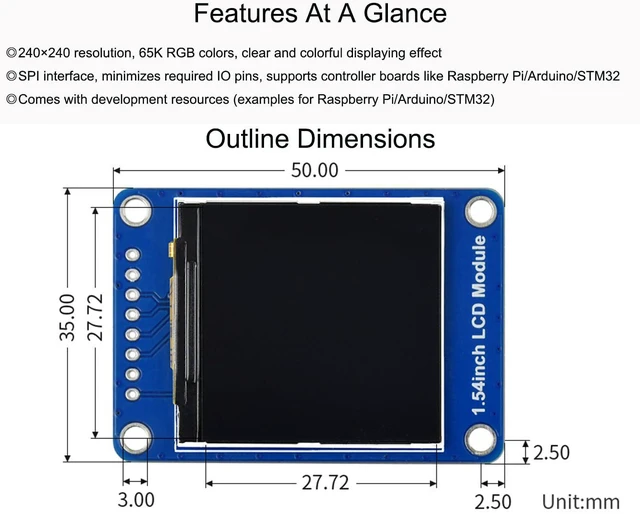 Alt view image 7 of 7 - 1.54inch LCD Display Module 240×240 Resolution IPS Screen, 65K RGB Display Color