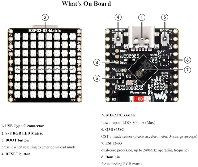 Alt view image 7 of 7 - ESP32-S3 Development Board Onboard 8×8 RGB LED Matrix and QMI8658C Attitude Sens