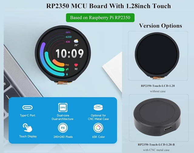 Alt view image 2 of 7 - RP2350 MCU Board with 1.28inch Round Touch Screen 240x240 Pixels IPS Display 65K