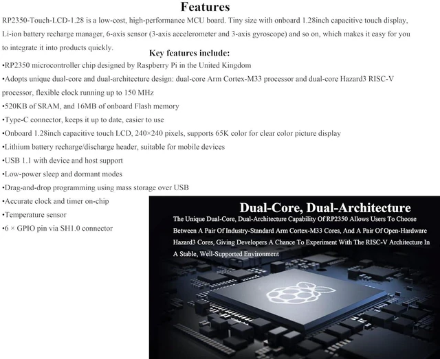 Alt view image 4 of 7 - RP2350 MCU Board with 1.28inch Round Touch Screen 240x240 Pixels IPS Display 65K