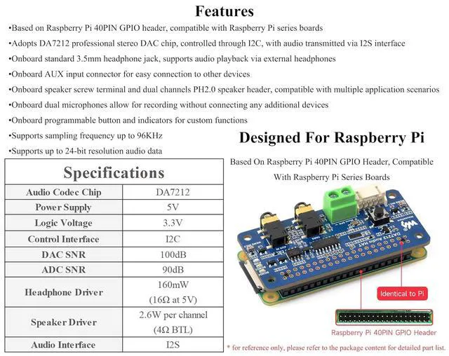 Alt view image 3 of 7 - DA7212 I2S Audio Board with 8 5W Speaker, Compatible with Raspberry Pi 5/ 4B/3B